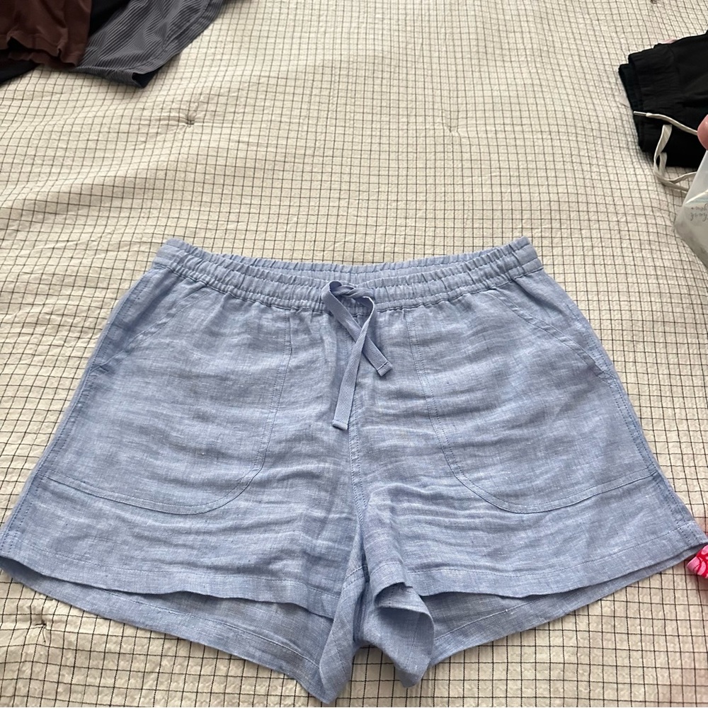 Quince Light Blue High-Waist Linen-Blend Drawstring Shorts